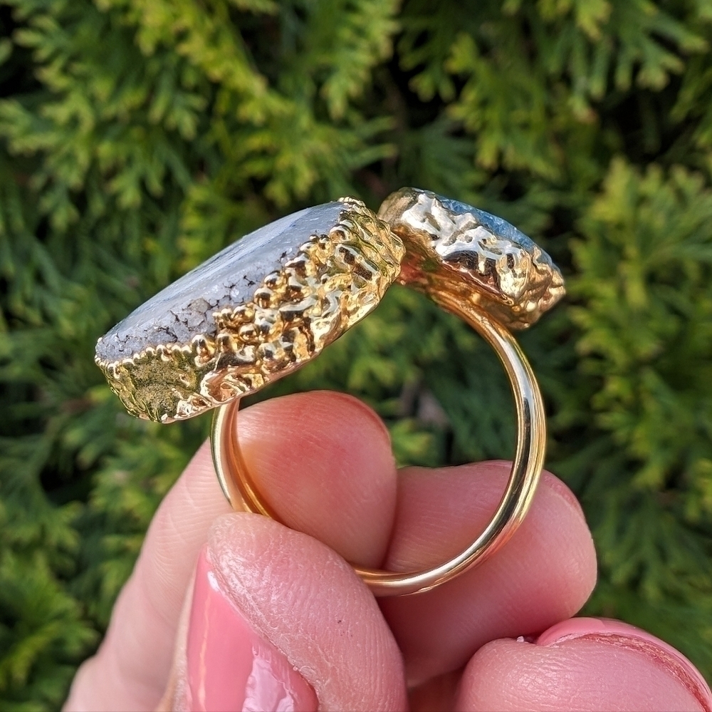 Artisan Handmade In Morocco Adjustable Blue Double Geode Gold Ring Size 8 - Picture 7 of 8